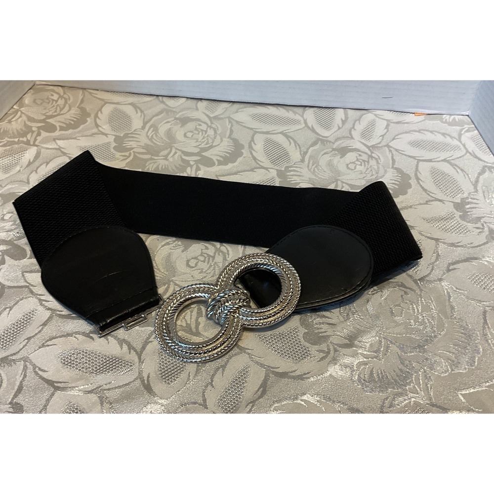 Unbranded Elastic Cinch Belt Womens M Black Excellent Silver Double Ring Buckle